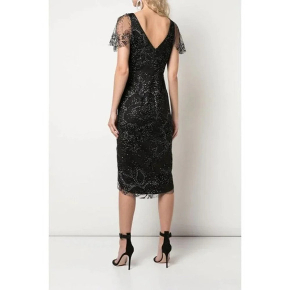 NWT Marchesa Notte Black Lace V-Neck Flocked Midi Dress $495 - Picture 3 of 7